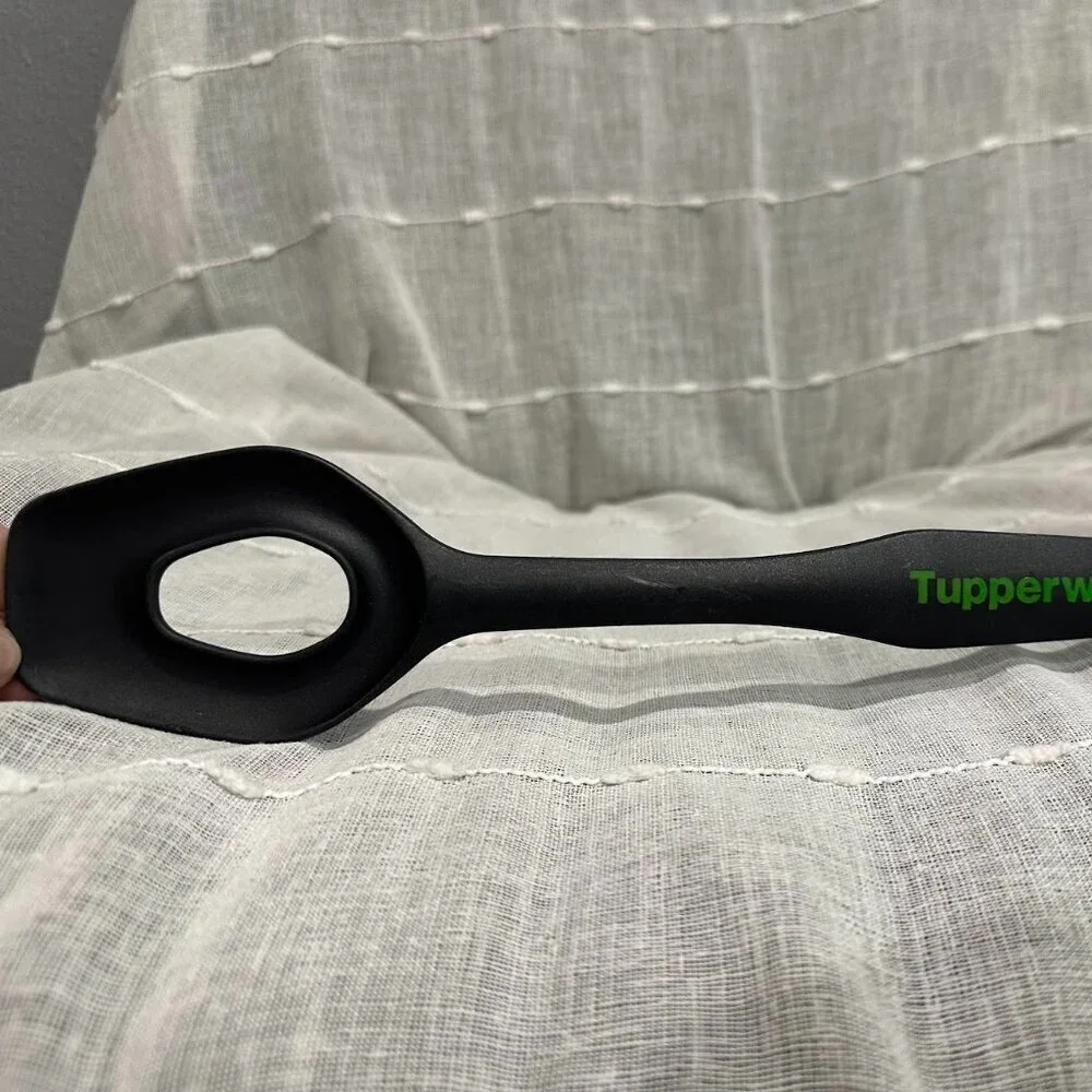 Tupperware Black Flow Thru Spoon Serving Utensil Slotted Hole with Green Handle